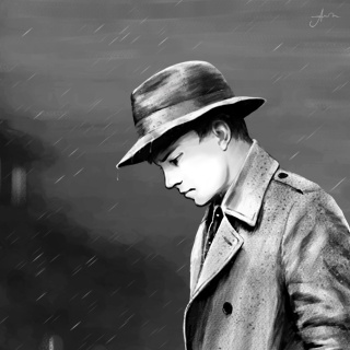 Изображение юноши в шляпе и пальто; ночь; юноша задумчив; идёт снег с дождём.